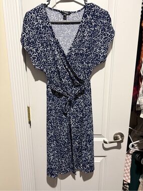 Nicole Miller Navy and White Floral Wrap Midi Dress